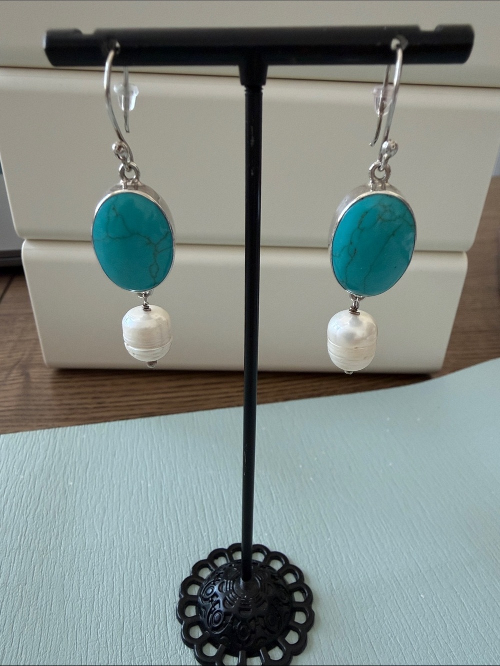 Sterling Silver, Turquoise and Pearl Earrings